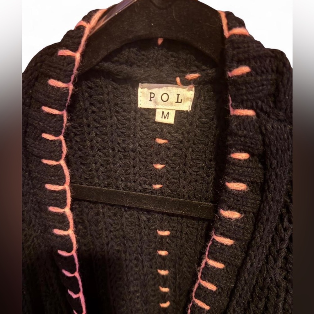 POL Medium Black Chunky Knit Crochet Cardigan Pink & Yellow Whip Stitching NWOT - Picture 4 of 10